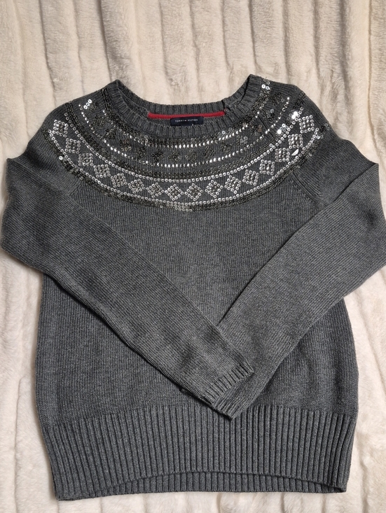 Tommy Hilfiger Sweaters - Tommy Hilfiger Charcoal Gray Sequin Yoke Crewneck Sweater